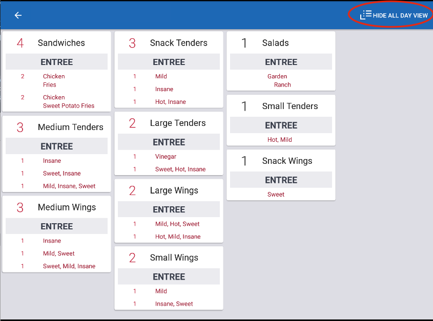 A KDS device's all day view showing total counts for the same 10 menu items, with the course and the selected modifiers shown under each one.