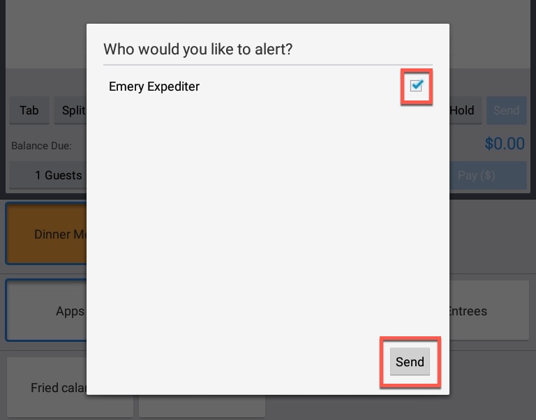 The Who would you like to alert dialog with the Emery Expediter option checked.