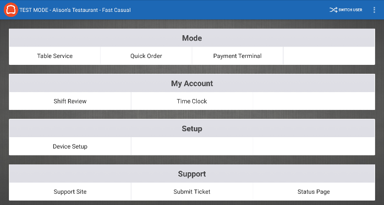 The Toast POS app on a device showing a Mode section at the top and a Setup section with a Device Setup option.