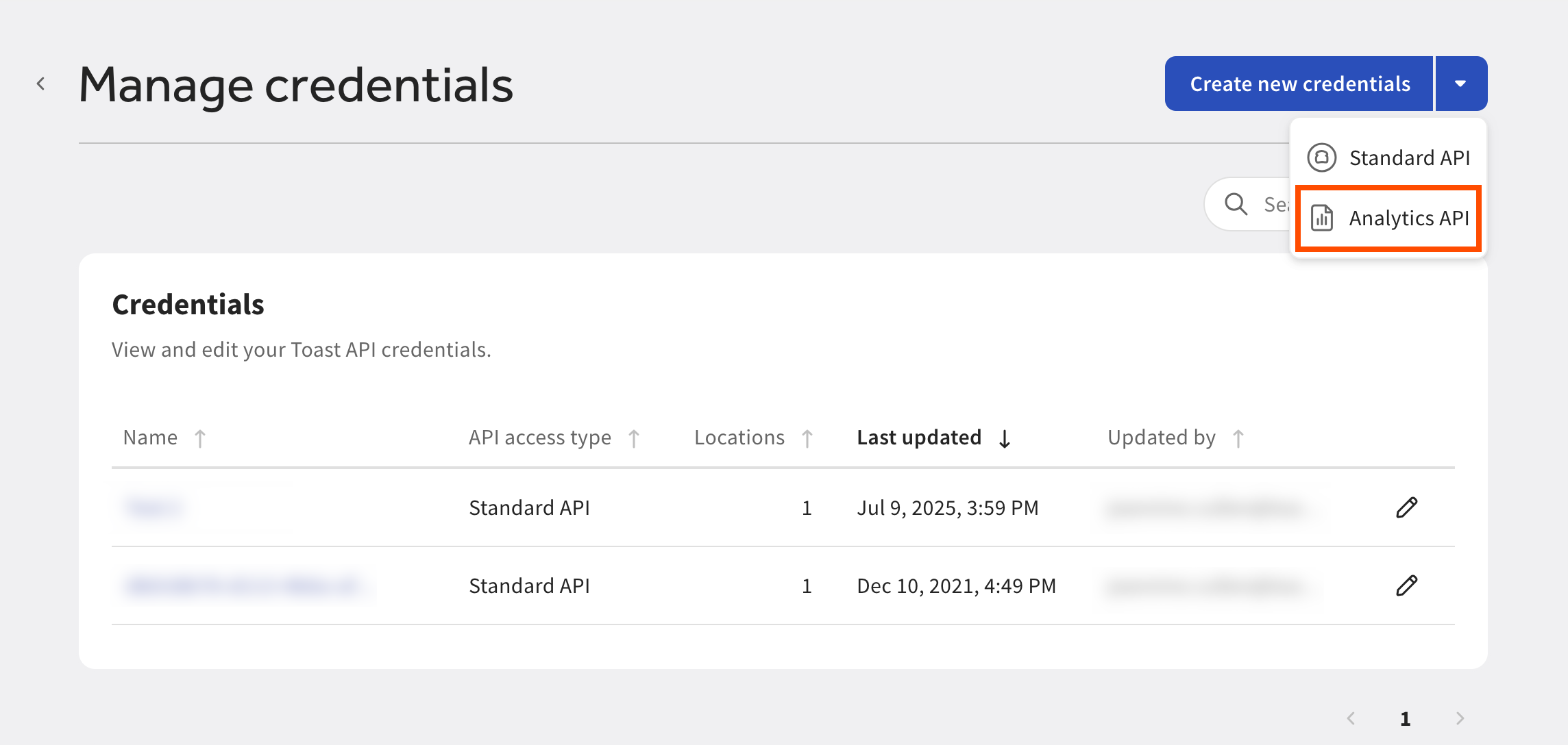 Shows the Manage credentials page with the Analytics API button emphasized.