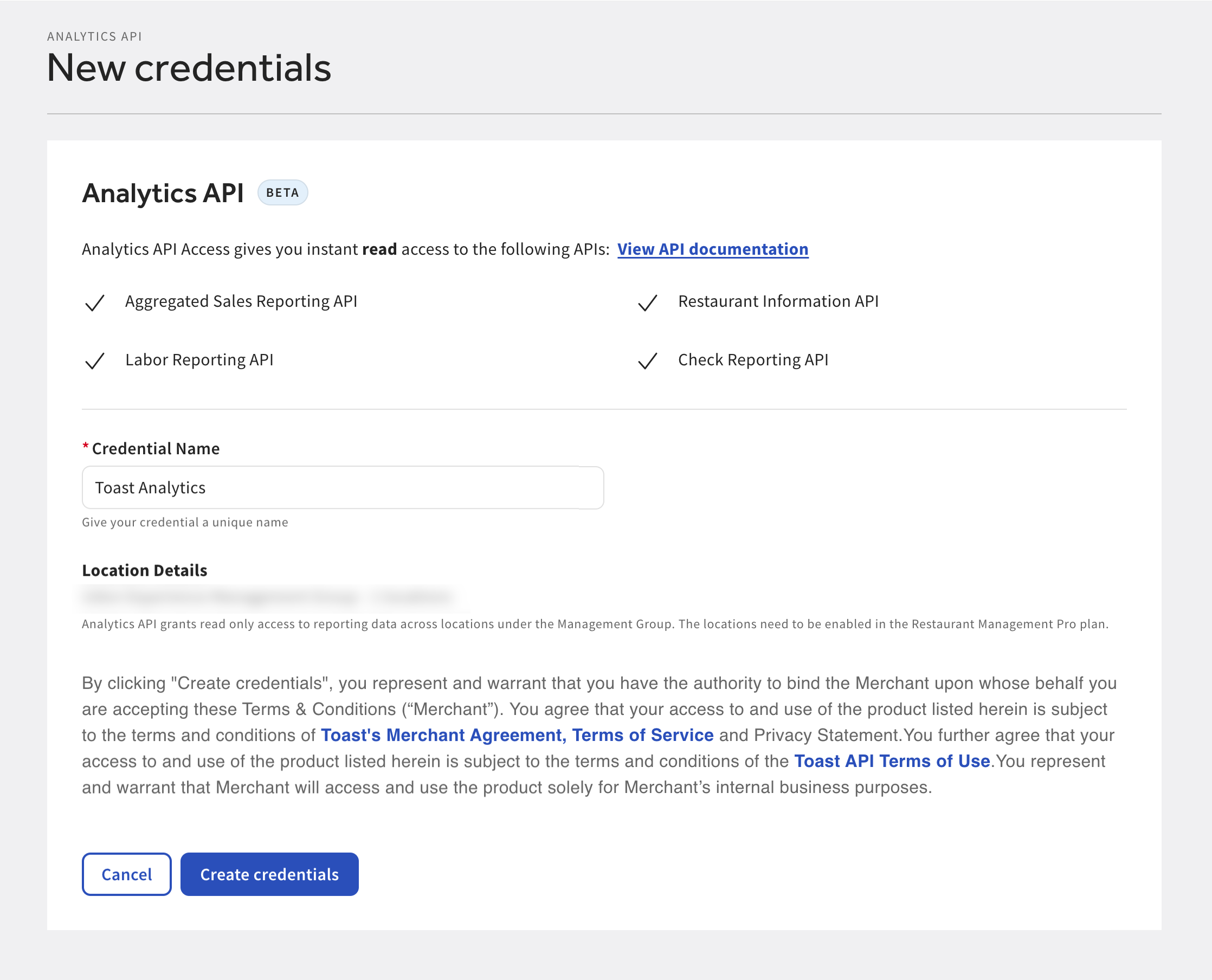 Shows the credential name, API scopes, and locations fields on the New Credentials page.