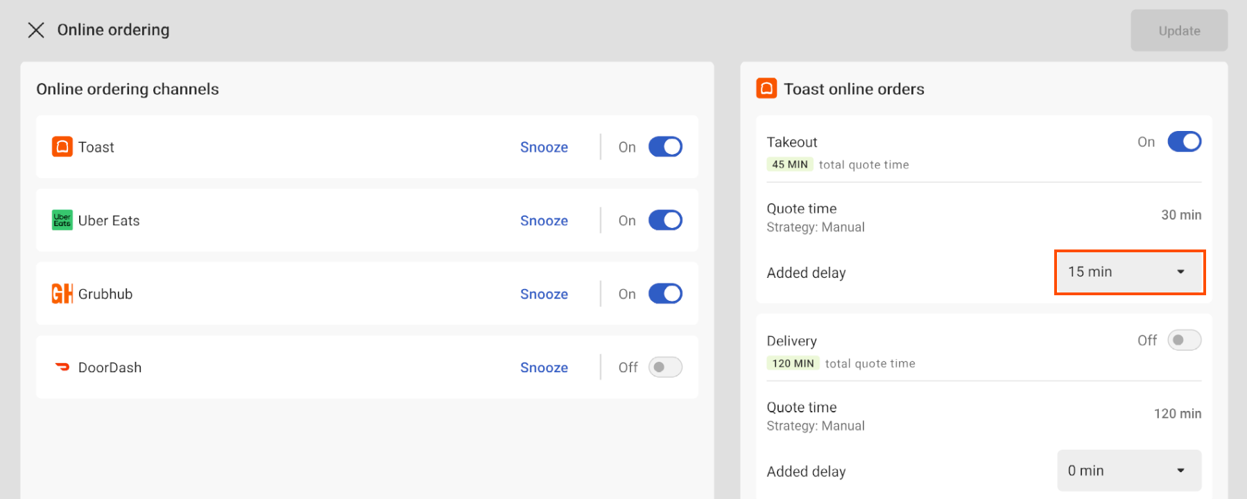 This image emphasizes the 15 minute delay shown on the Online ordering screen on the Toast POS.