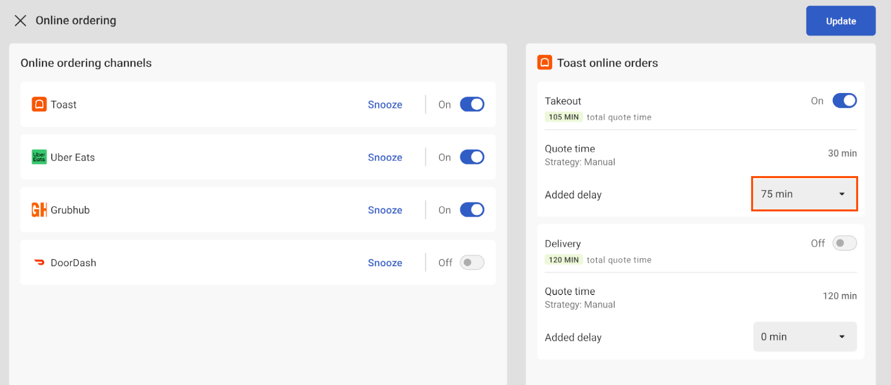 This image emphasizes the 75 minute delay shown on the Online ordering screen on the Toast POS.