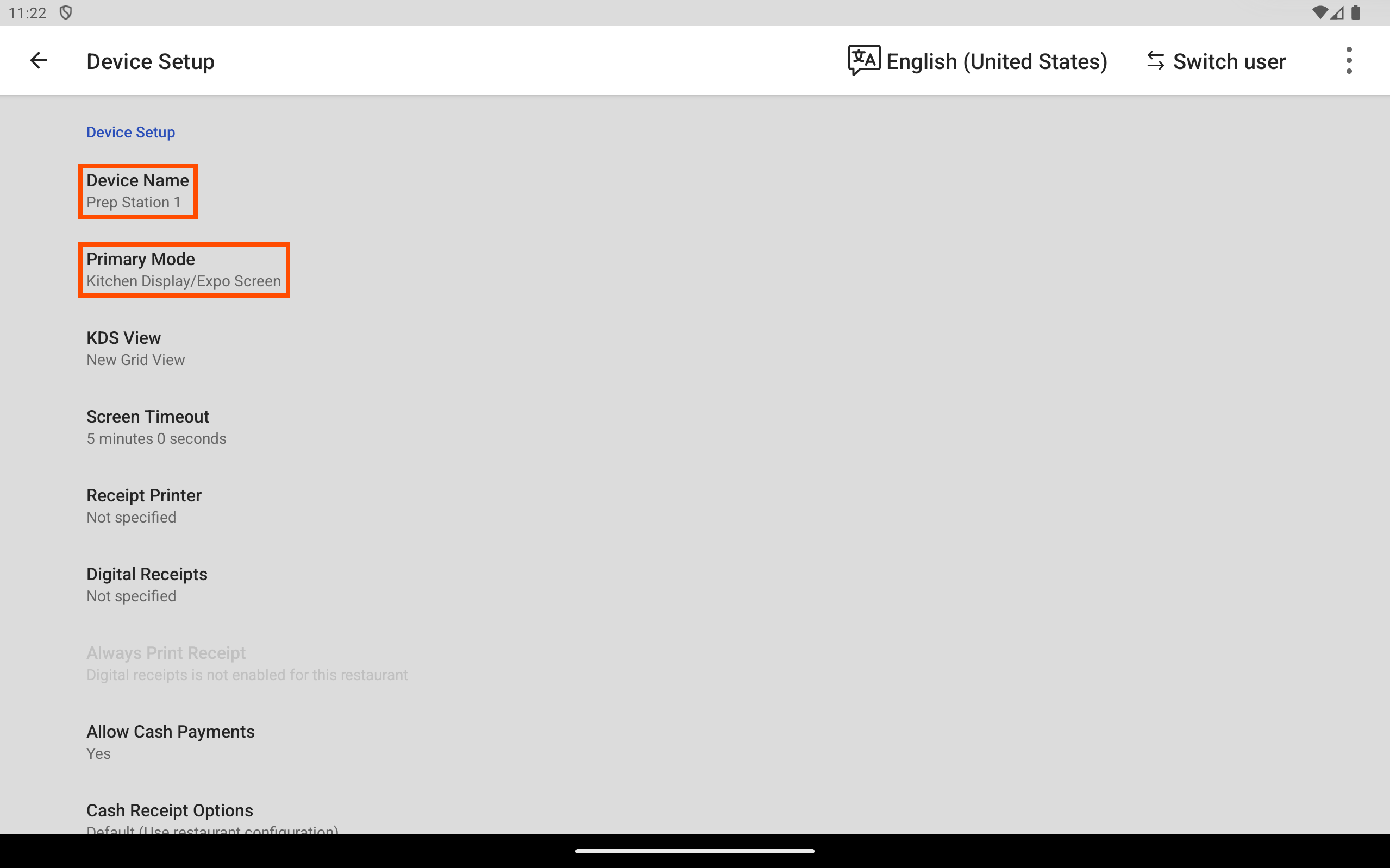 The Toast POS app with the Device Setup screen open, emphasizing the Device Name and Primary Mode values.