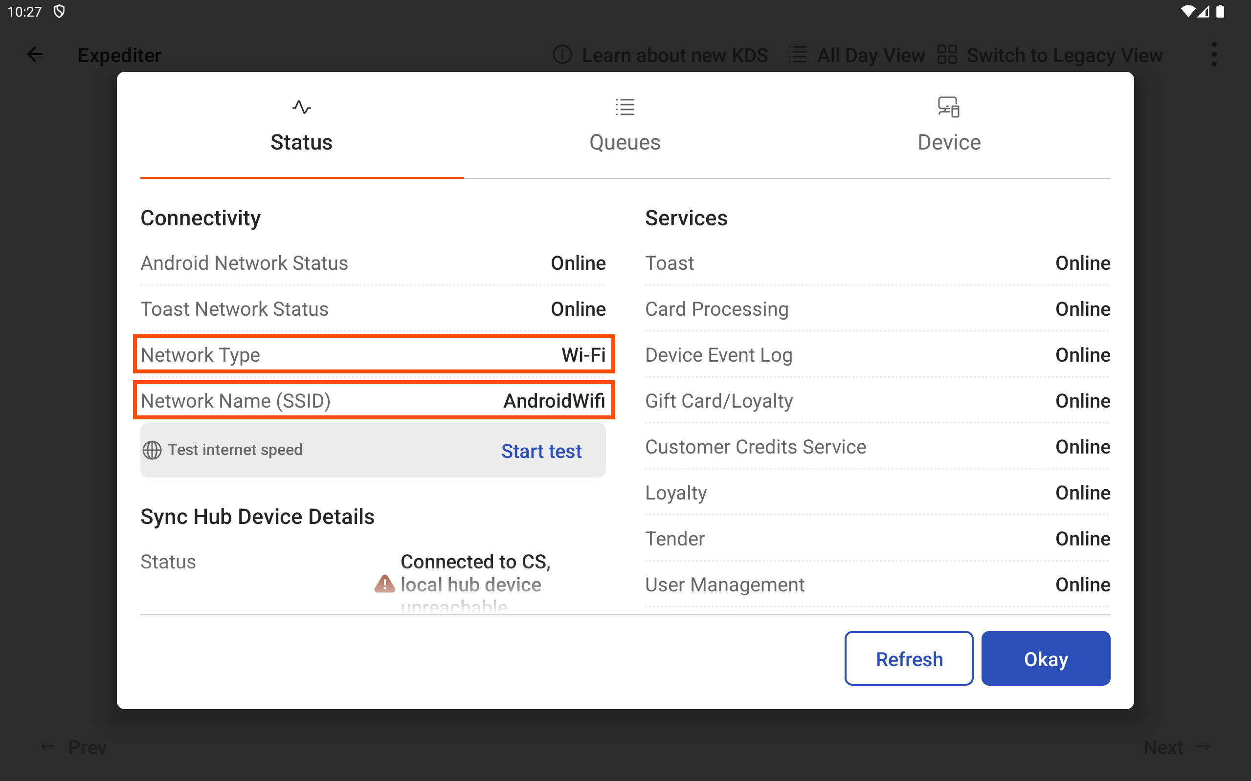 The Toast POS app with the Device status dialog and Status tab open, emphasizing Network Type and Network Name (SSID).