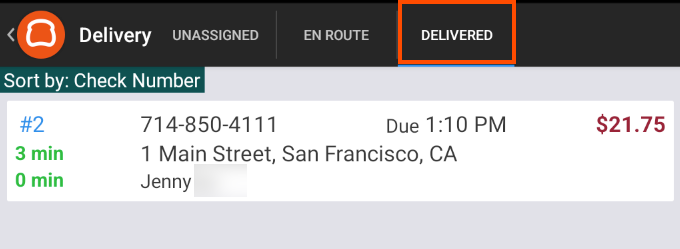 The Delivery screen with the Delivered tab emphasized.