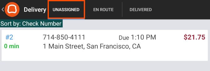 The Delivery screen with the Unassigned tab emphasized.
