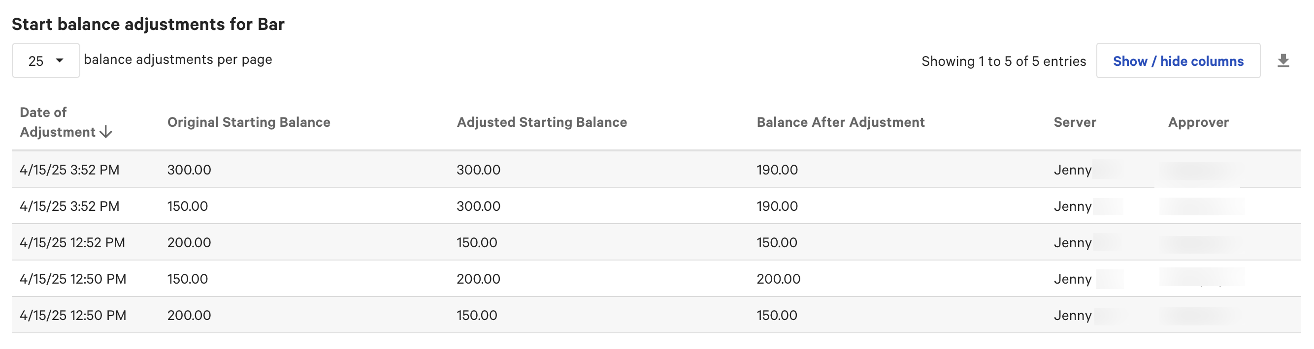 Adjust Starting Balance entry on the Start balance adjustments table in Toast Web.