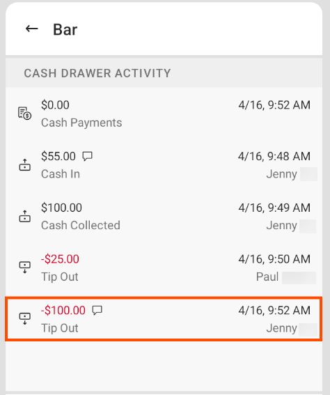Undo cash entry on the cash drawer activity pane.