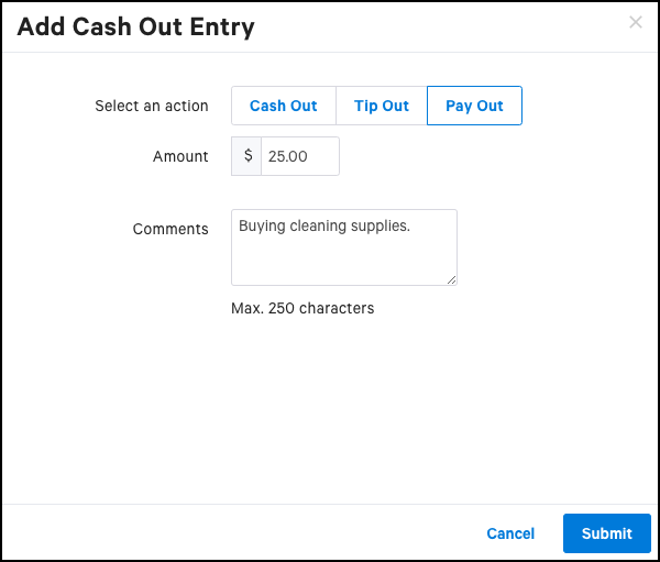 A cash entry done from Toast Web.