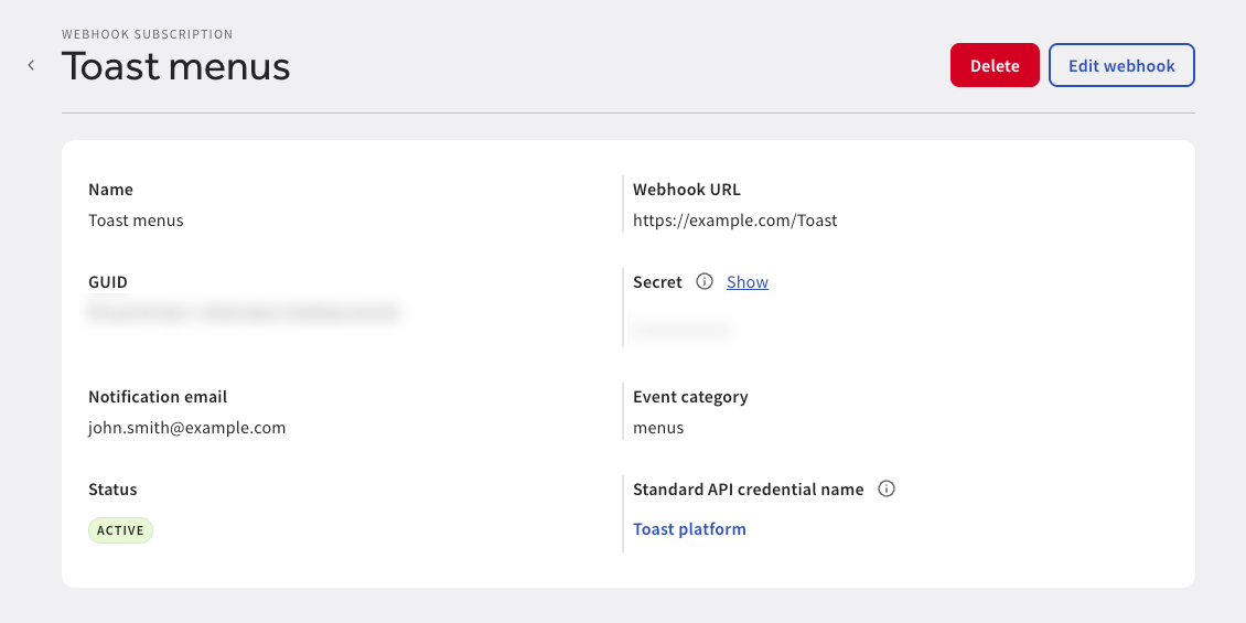Shows the webhook subscription details on the Webhook subscription page in Toast Web.