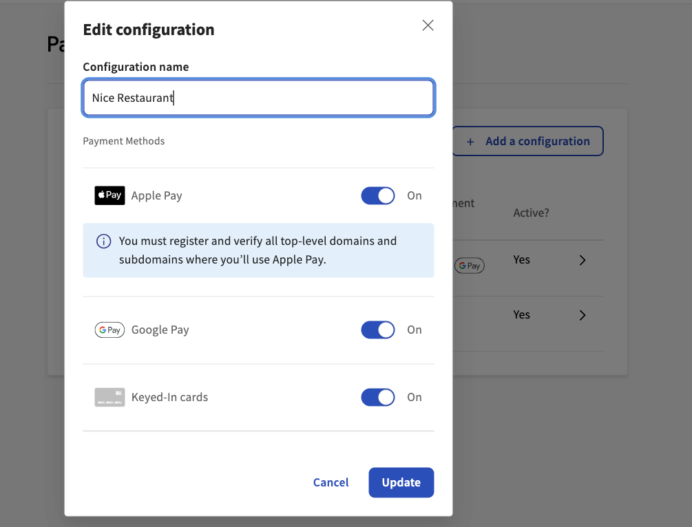 Edit payment method configurations dialog on developer portal.