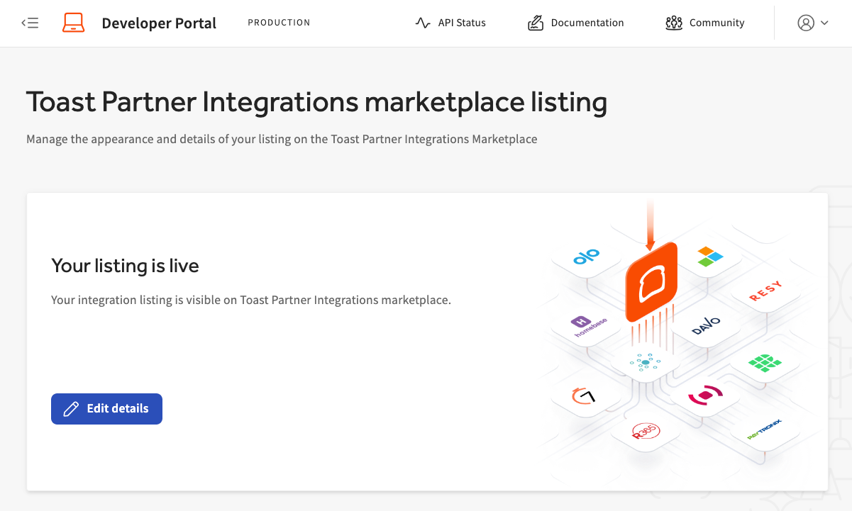 Toast developer portal Partner Integrations marketplace page.