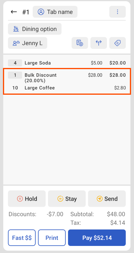 Toast POS app screen showing a bulk discount that is applied to a group of Wings items