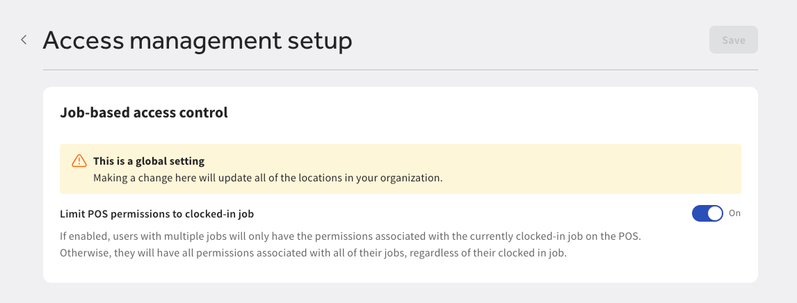 Shows the Limit POS permissions to clocked-in job setting in Toast Web.