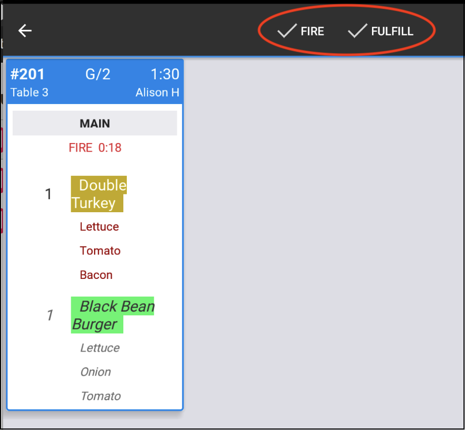 A ticket with fired and unfired items, with the title bar showing Fire and Fulfill options.