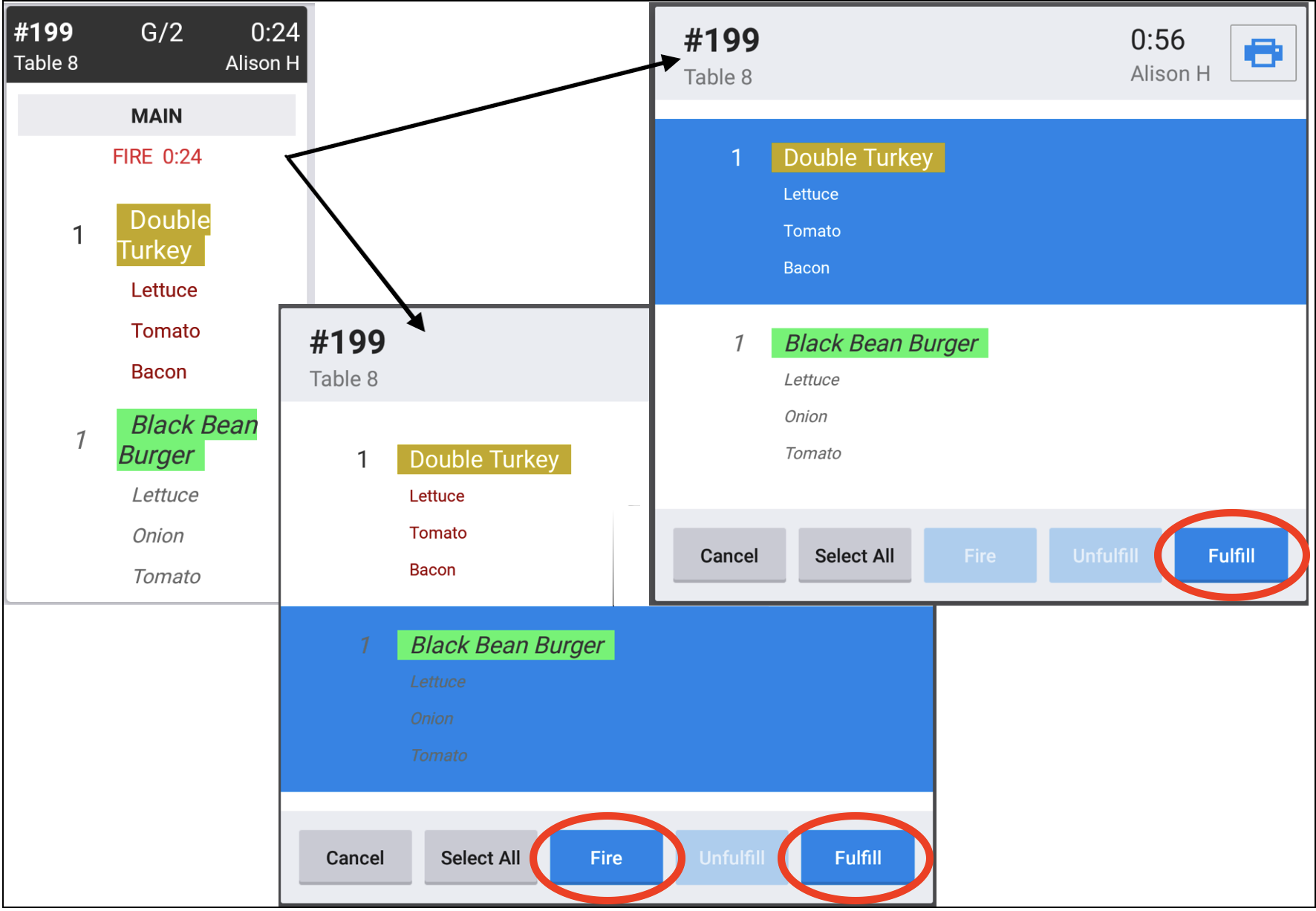 A ticket with fired and unfired items, with two versions of the dialog showing that the unfired item can be fired or fulfilled ahead of time or that the fired item can be fulfilled ahead of time.