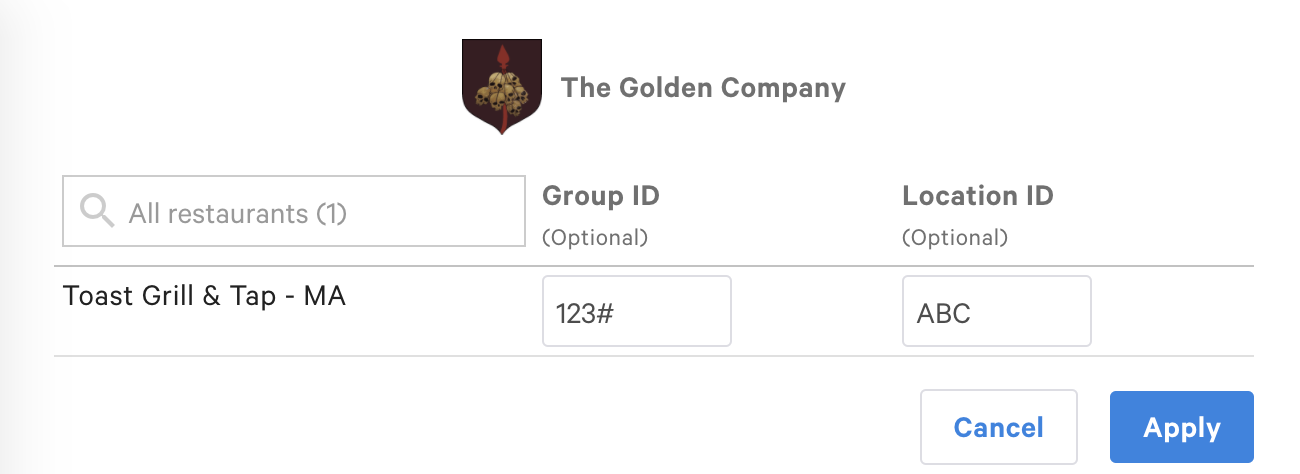 Group ID and Location ID fields for a restaurant location