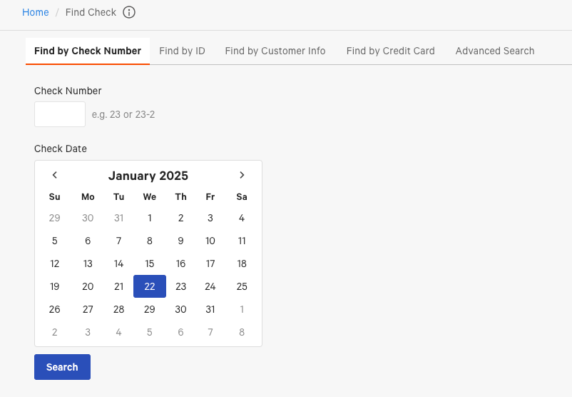 The Find by Check Number advanced search option on Toast Web.