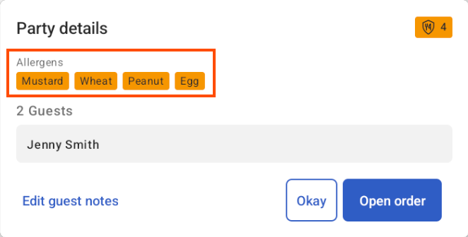 This image emphasizes the allergens in the Party details dialog on a Toast POS.