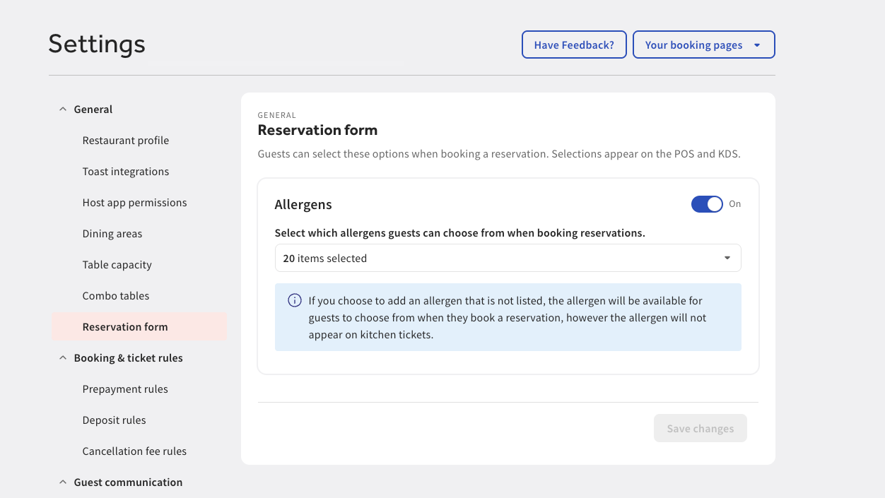 This image shows the Allergens dropdown menu on the Toast Tables page in Toast Web.