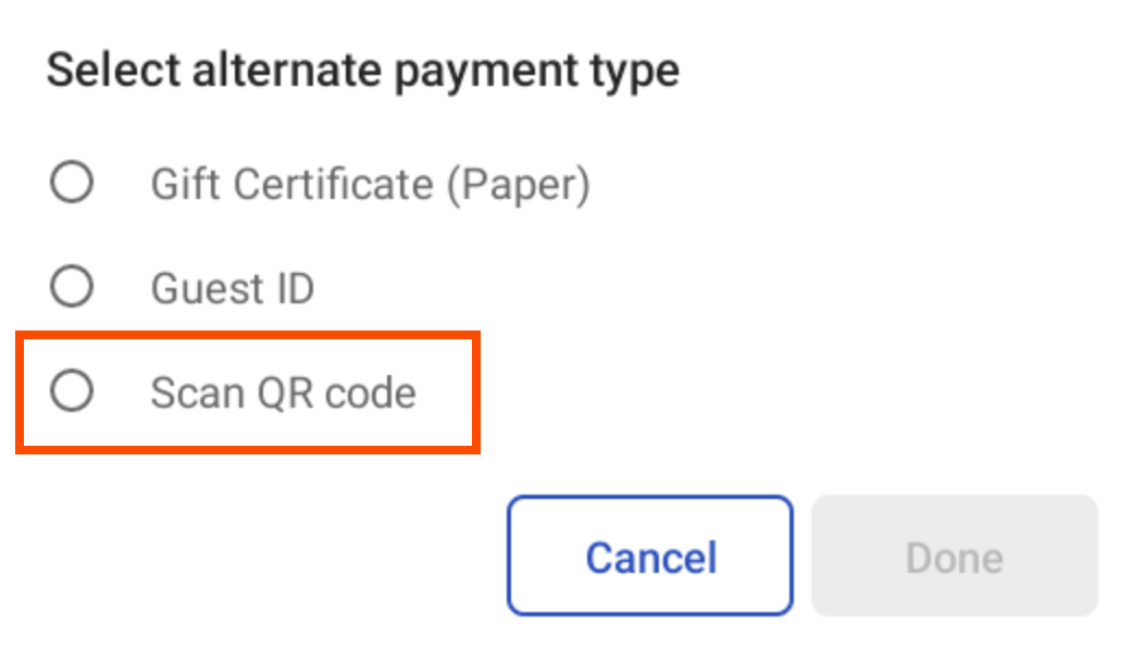 The "Select alternate payment type" dialog with the "Scan QR code" button emphasized.