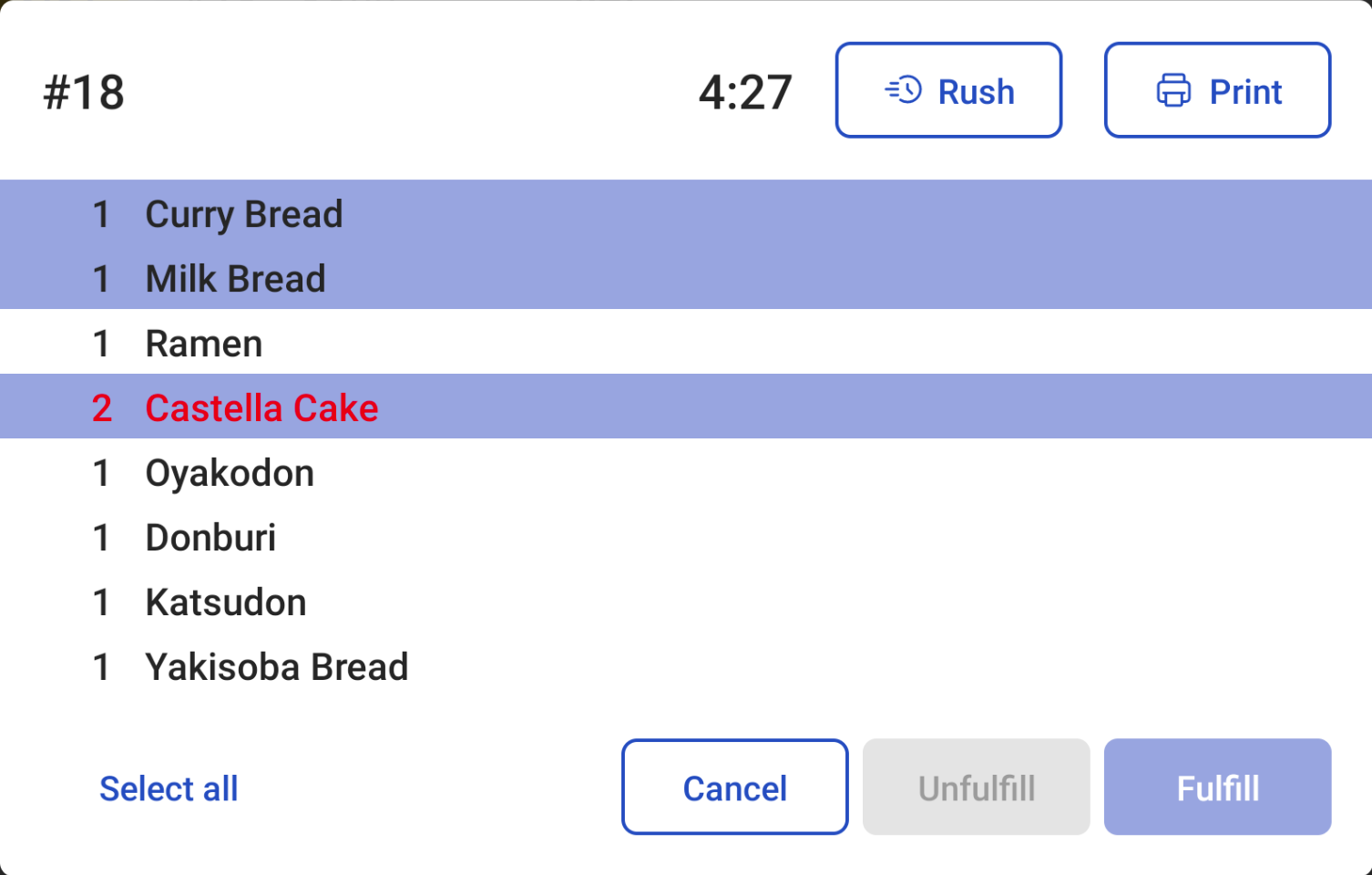 An example of several items selected and the Fulfill option in focus when using a bump bar.