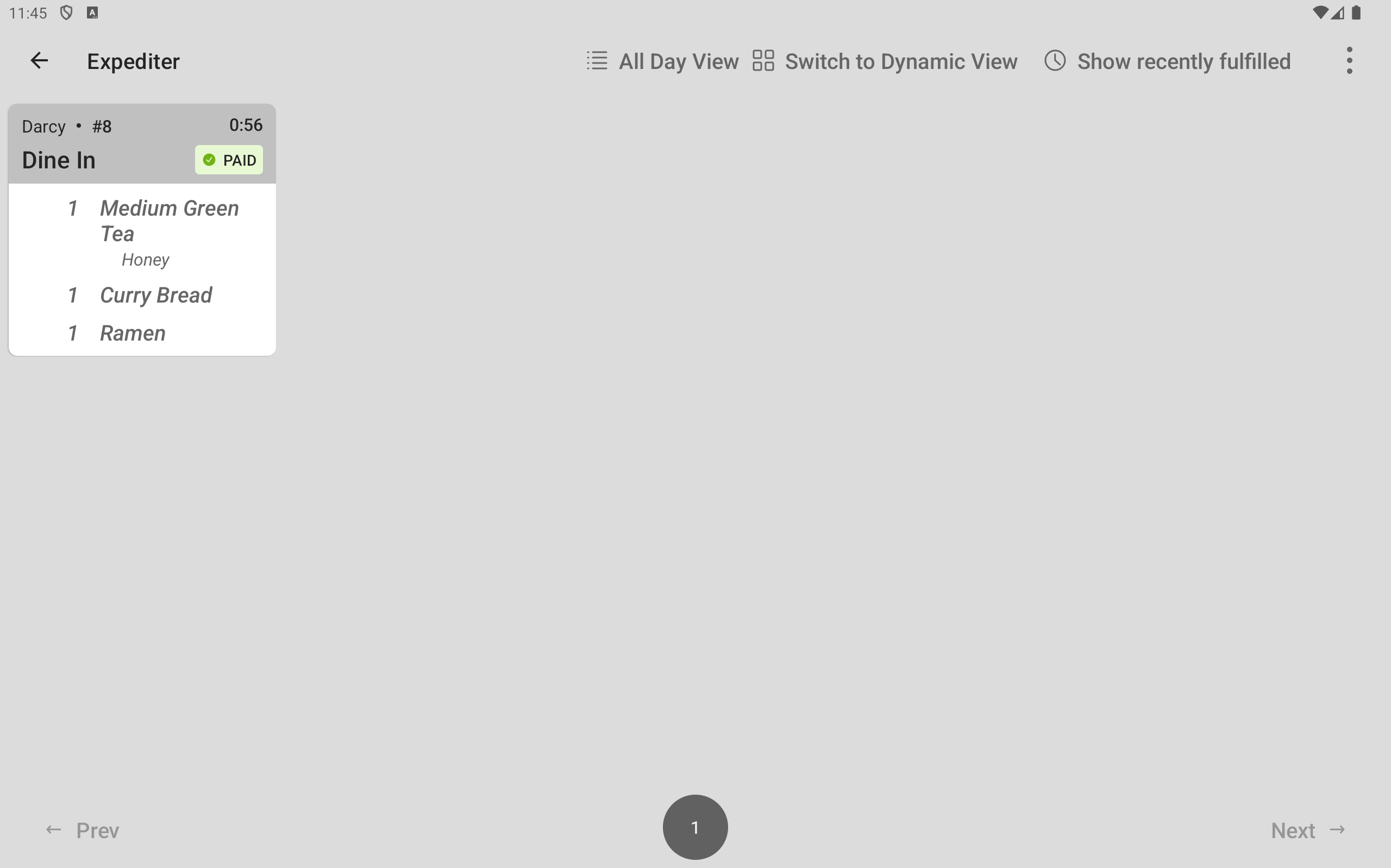 The expediter KDS device showing a ticket that is unstarted by prep stations.