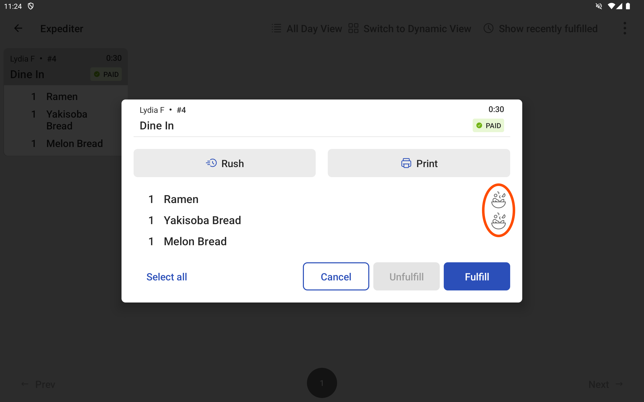 An example of the ticket dialog on a KDS device, emphasizing the recipe icons.