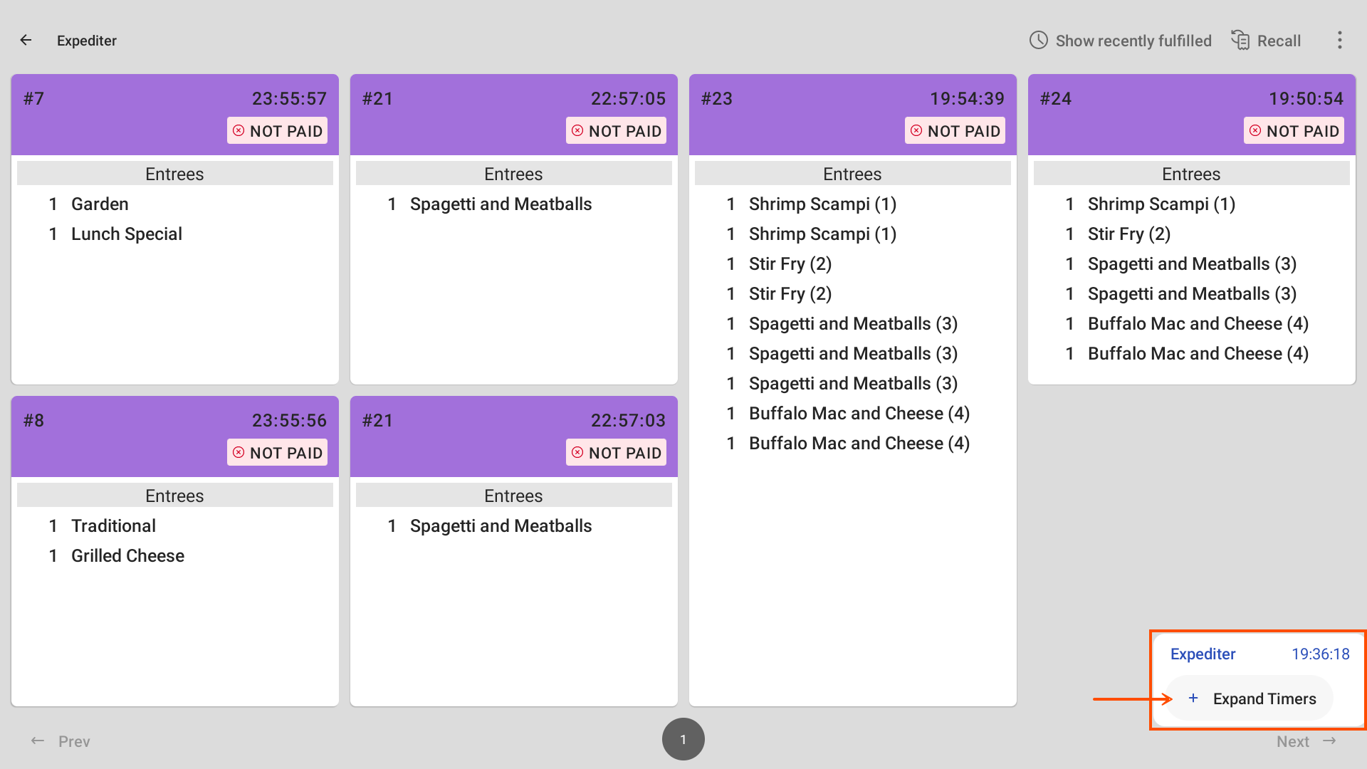 An example of the average fulfillment timer on the bottom right of an expediter KDS device, with timers collapsed.