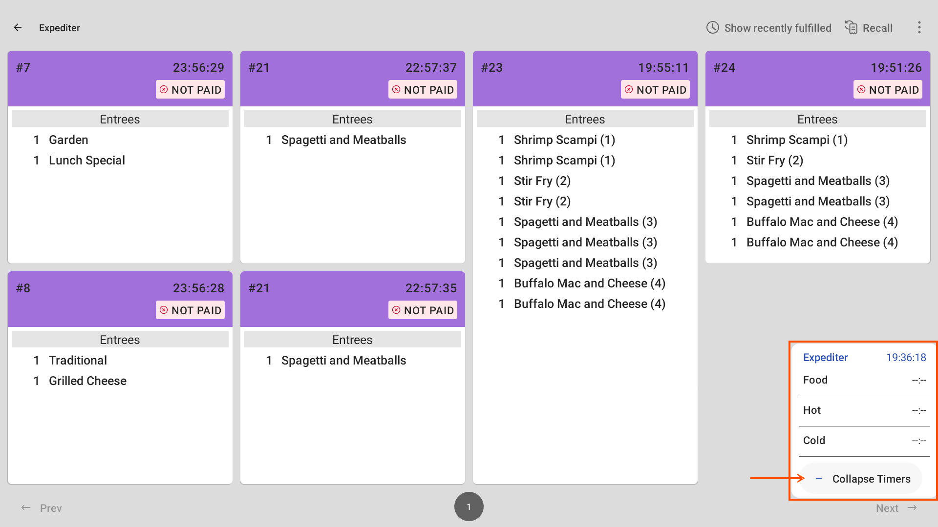 An example of the average fulfillment timer on the bottom right of an expediter KDS device, with timers expanded.