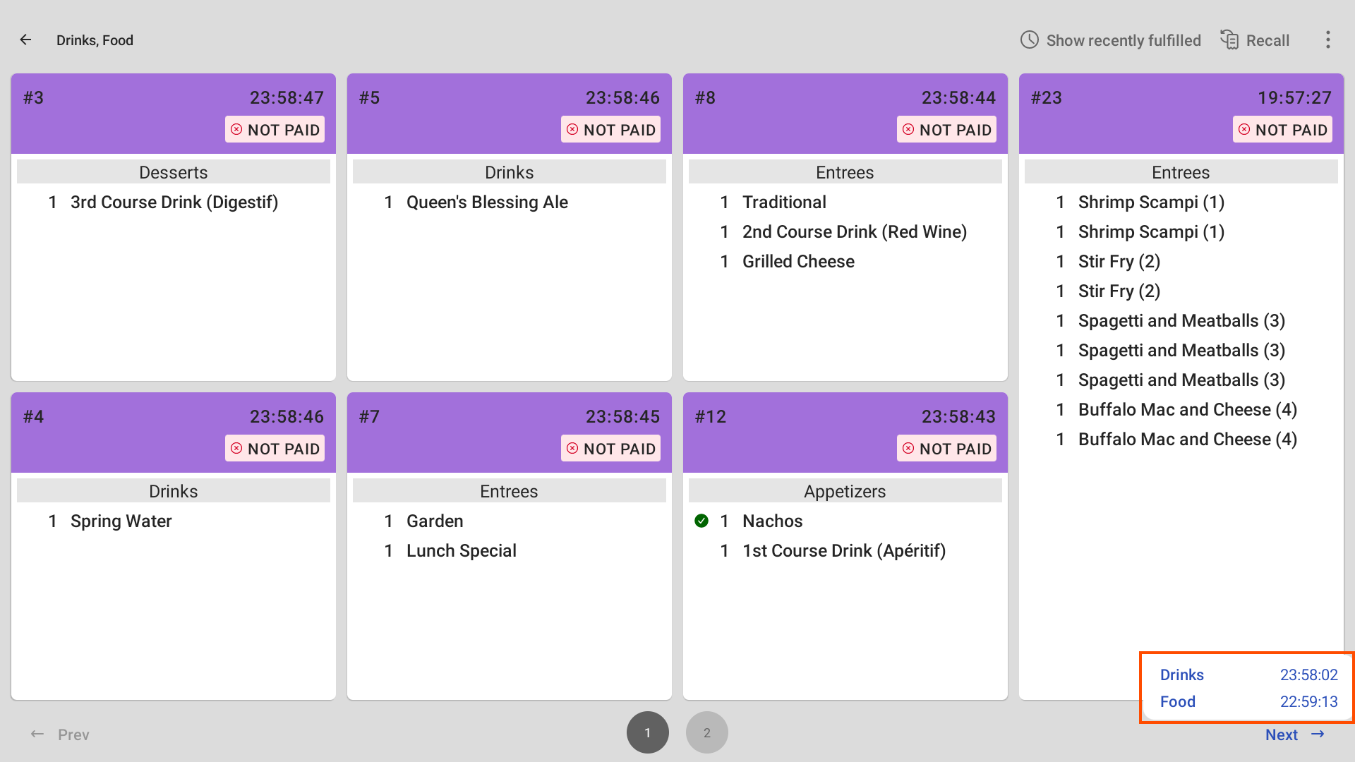 An example of the average fulfillment timer on the bottom right of a prep station KDS device.