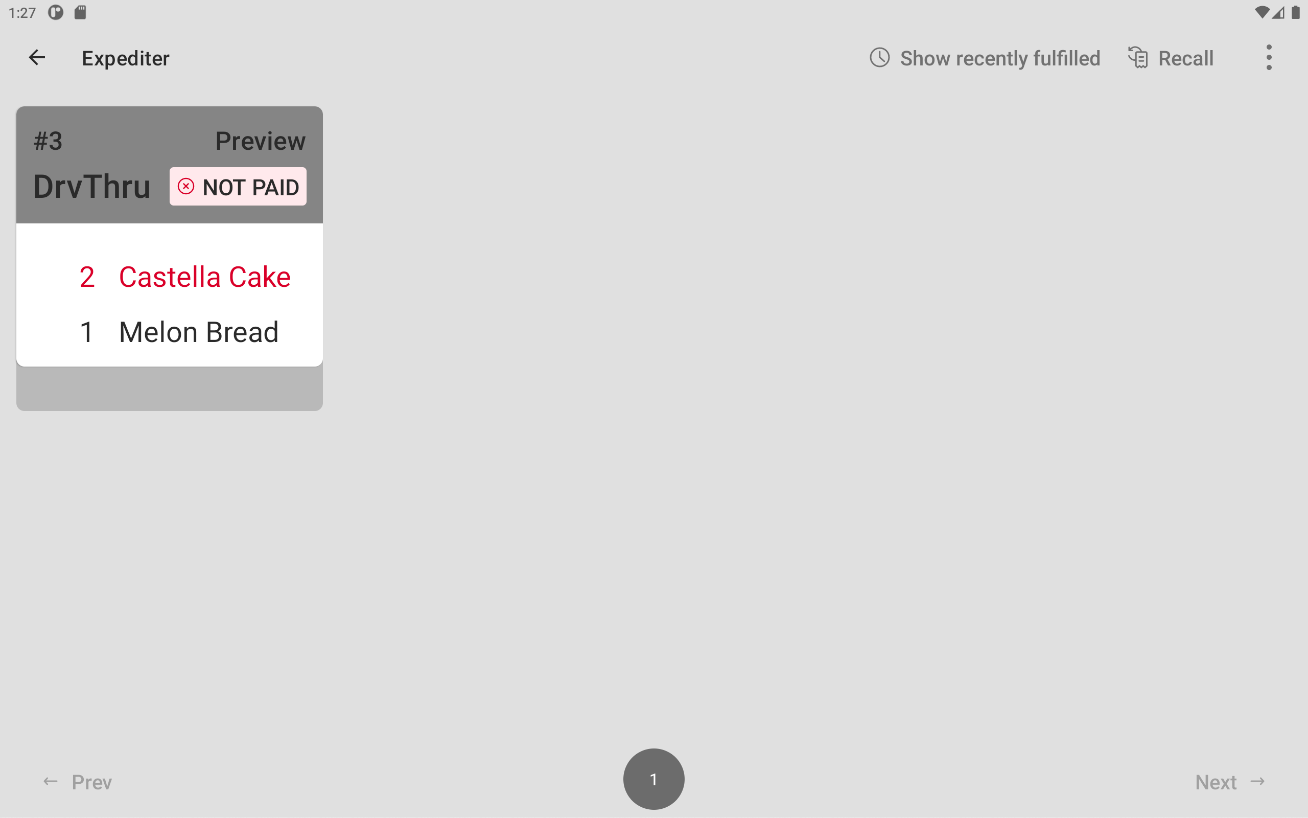 An example of a preview ticket that fits a single grid space on an expediter KDS device using grid view with the Medium Tickets size.