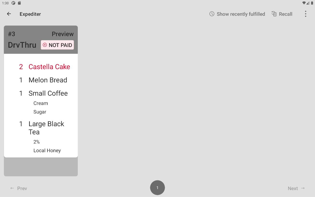 An example of the same preview ticket with grid view on an expediter KDS device after enough items are added that expands the preview ticket into the next grid space.