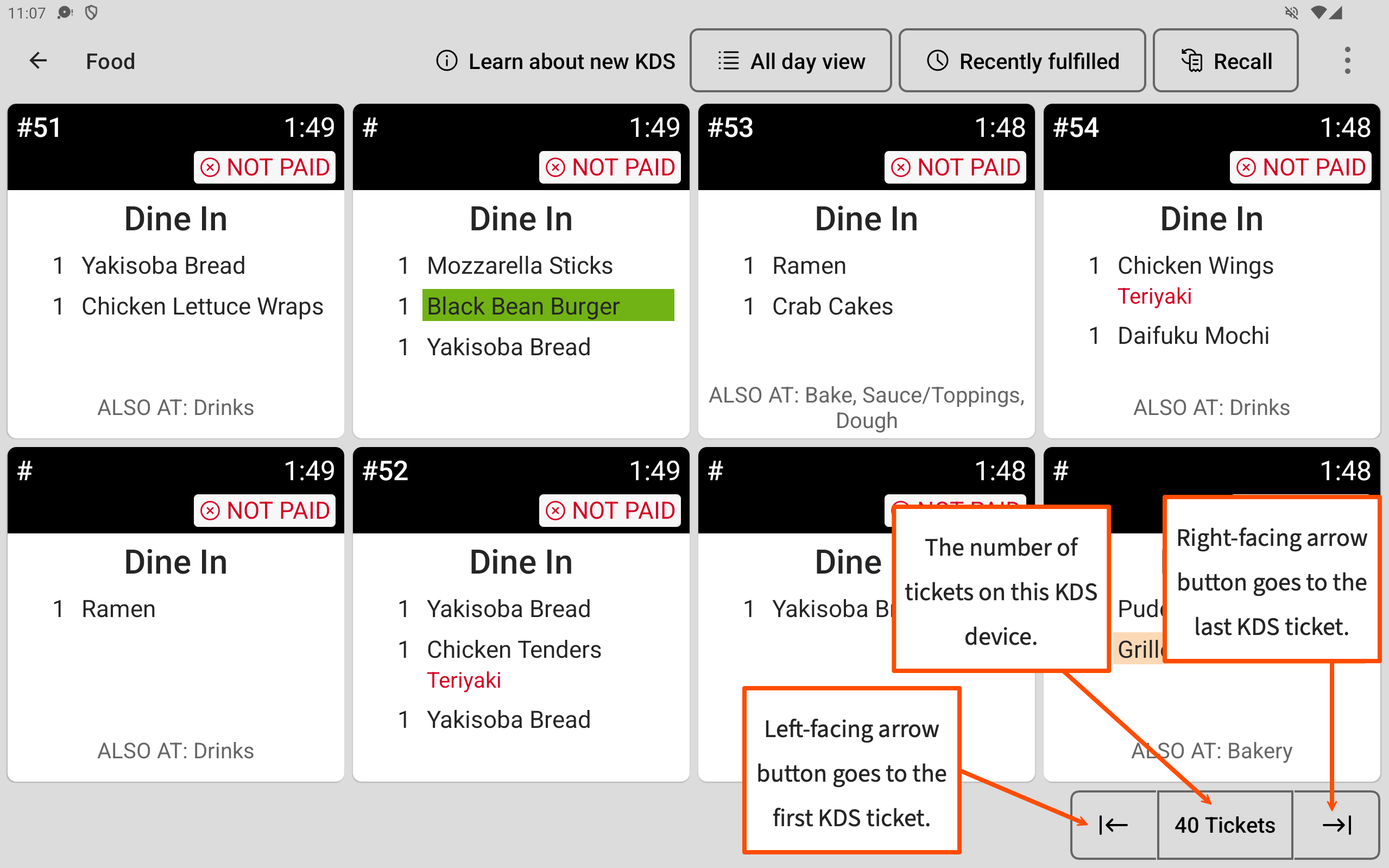 An example of the new KDS view, emphasizing the navigation buttons to the first and last KDS tickets and the ticket counter.