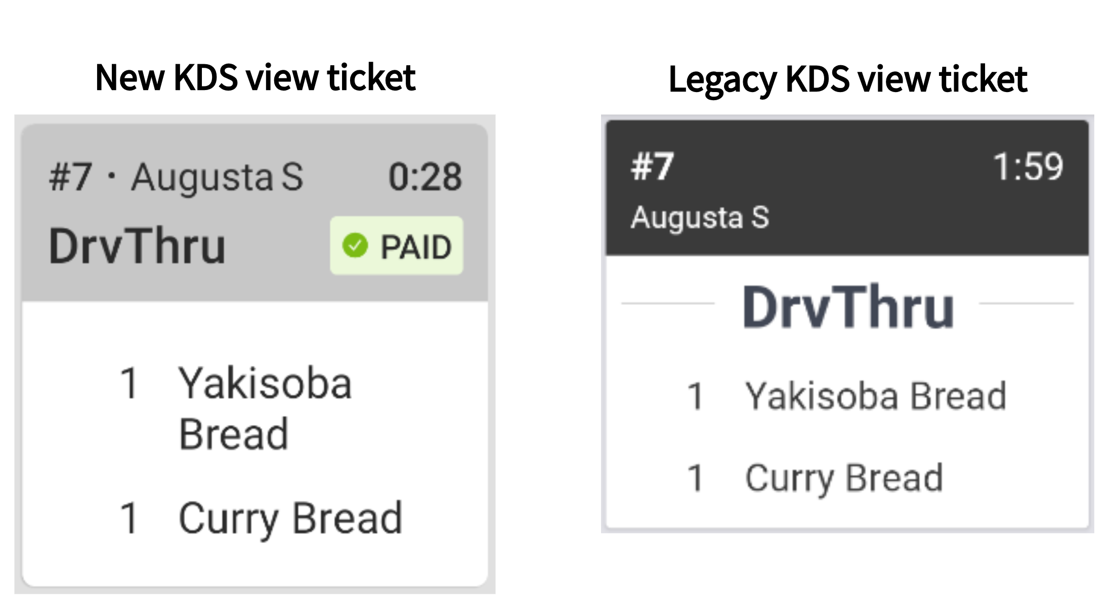 A comparison of a kitchen ticket in both new KDS view and legacy KDS view.