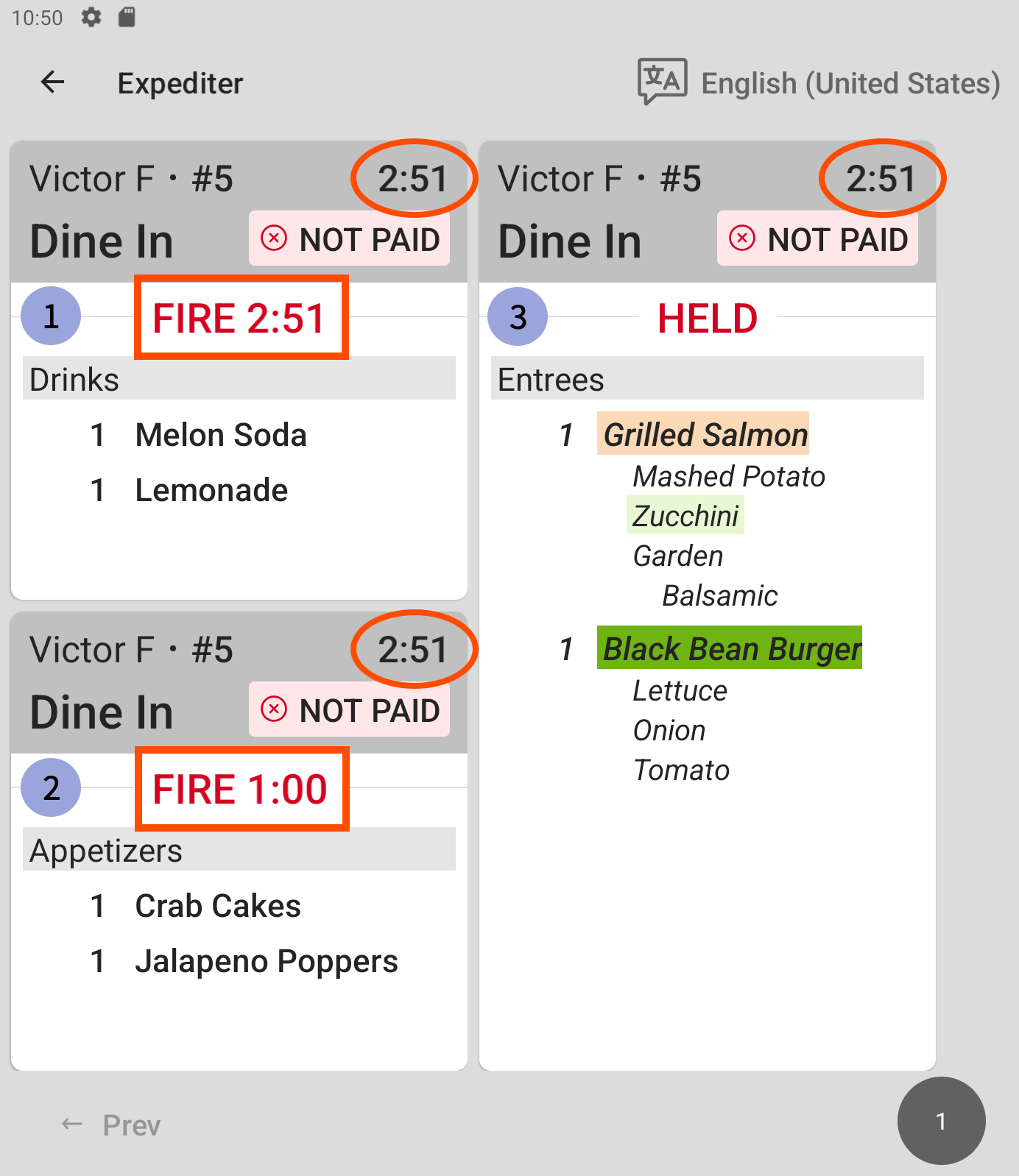 A KDS device expediter screen with two tickets for an order.