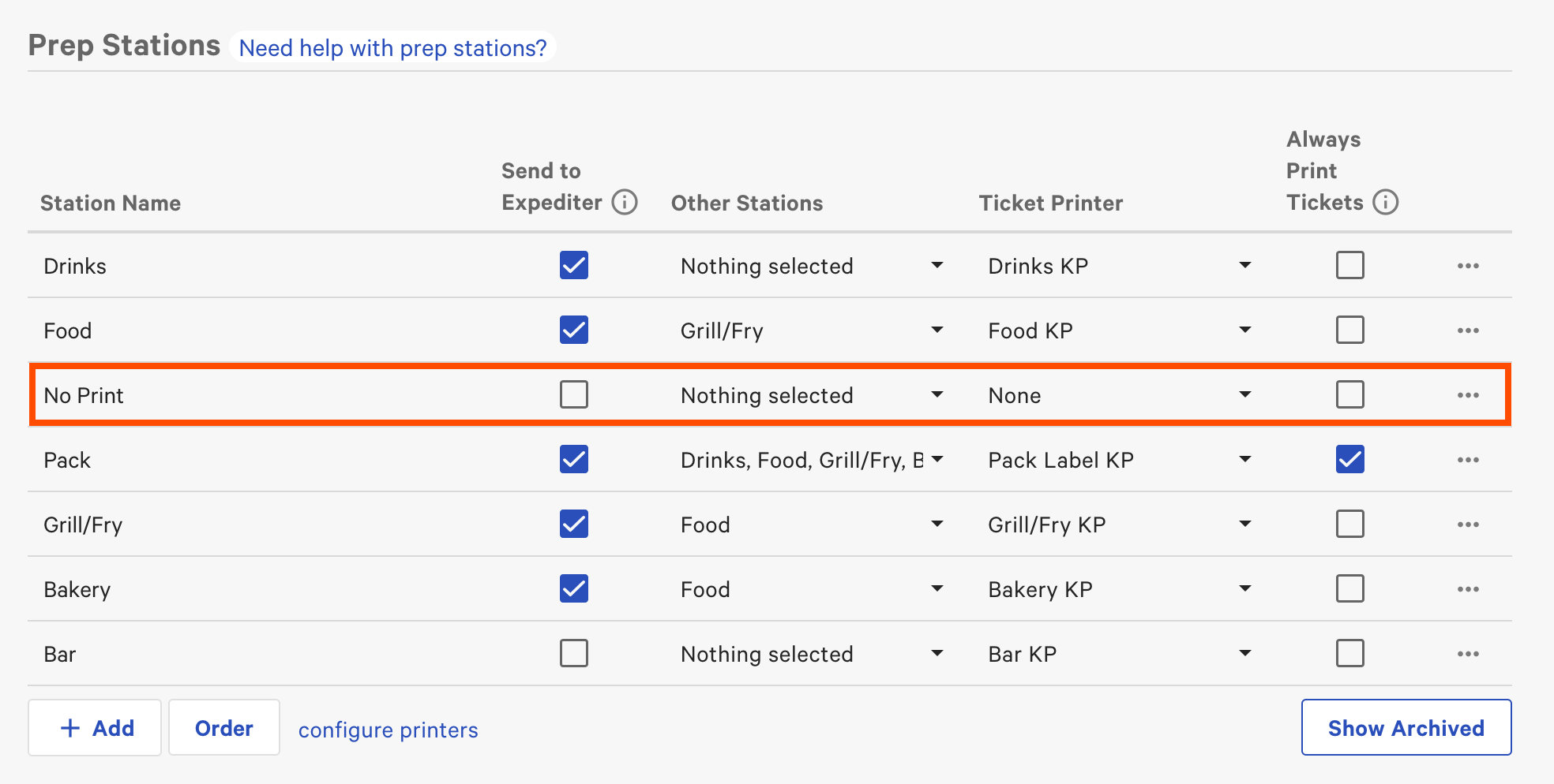 The Prep Stations page with a No Print prep station example emphasized.