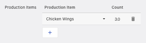 The Production Items field with a count of 3 chicken wings identified.