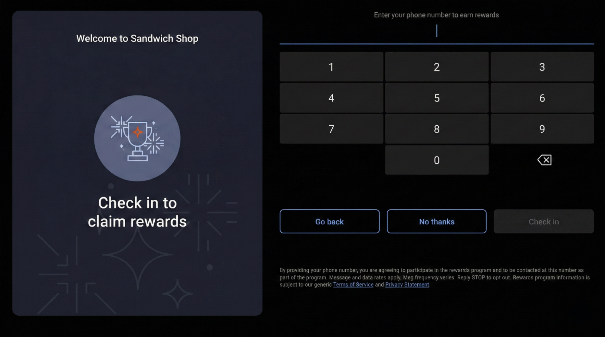 The guest facing display showing the telephone number sign-in screen.