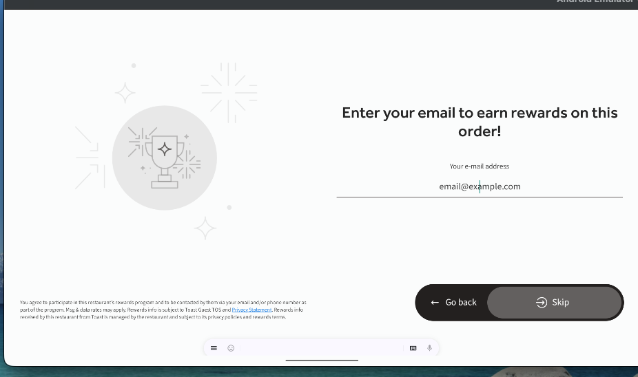A kiosk screen, showing the loyalty program email address sign-in.
