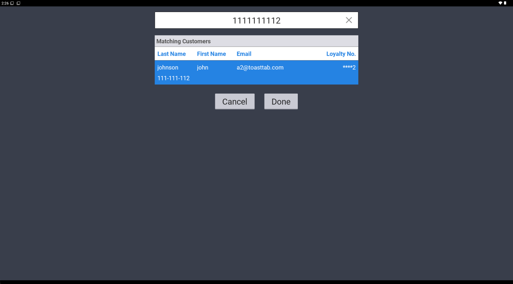 A screenshot of the Toast POS app for employees, showing the loyalty account search screen with search results.