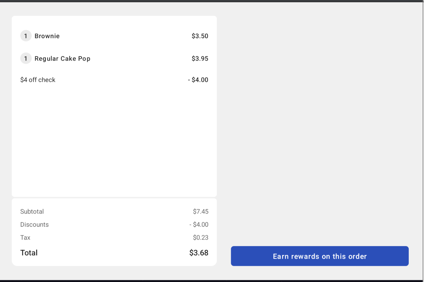 A screenshot of the guest facing display, showing the loyalty program rewards confirmation for a transaction processed on the employee POS device.