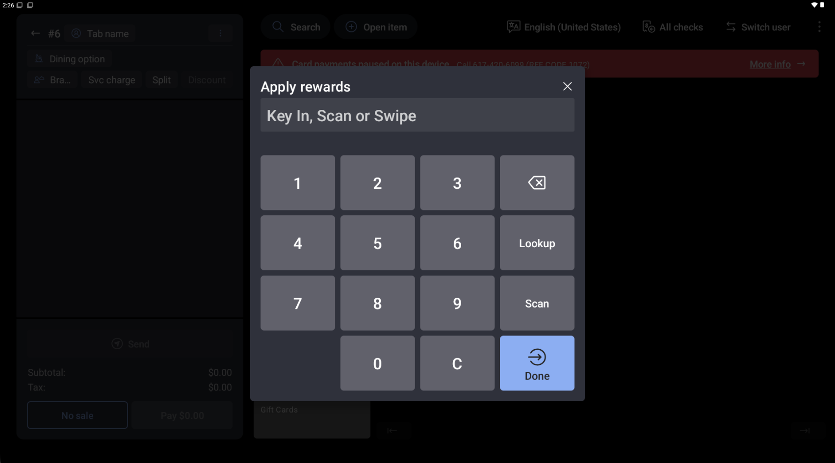 A screenshot of the Toast POS app for employees, showing the loyalty account lookup dialog.