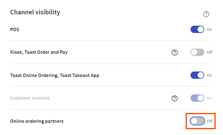 The location of the Online ordering partners setting.