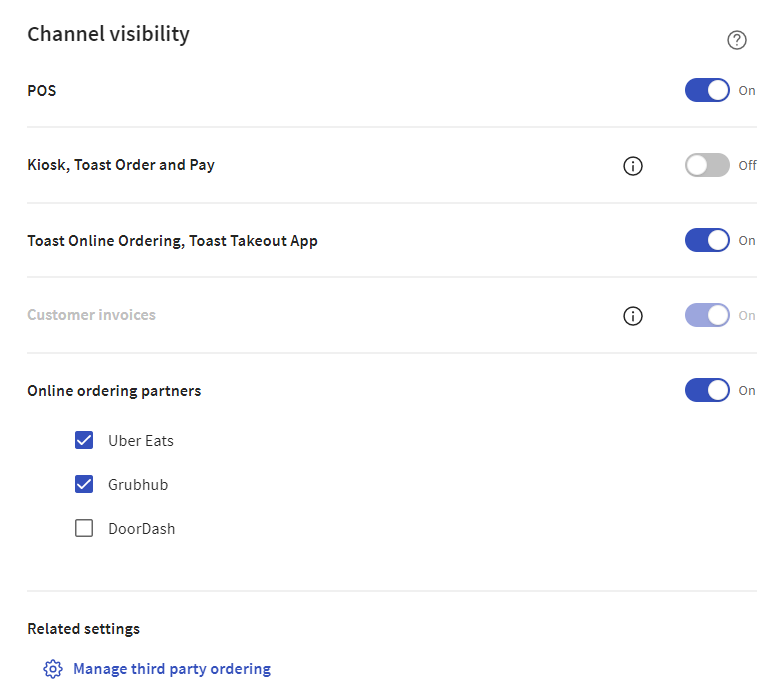 The Channel visibility settings on a menu builder page for a restaurant that does not use the multi-location module