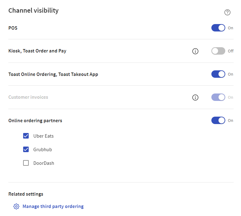 Online ordering partner settings in the menu builder.