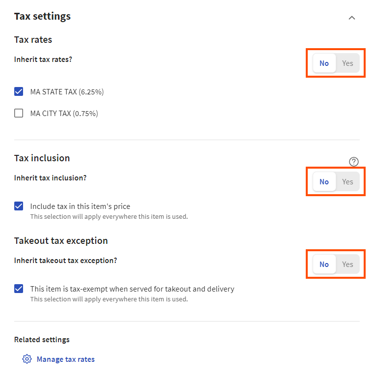 Example of a menu item that does not inherit its tax rates and tax behavior settings.