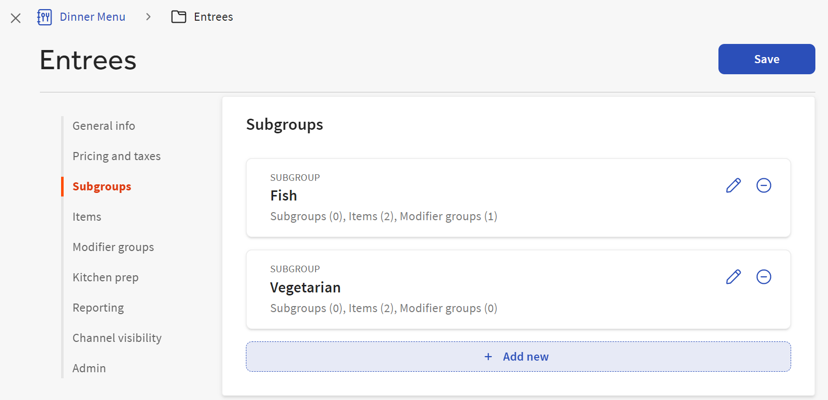 A menu group details page with the Subgroups section displayed.