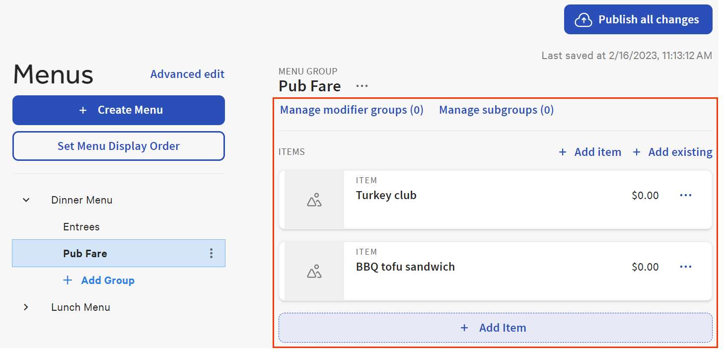 A menu group as it is displayed on the menu builder home page.